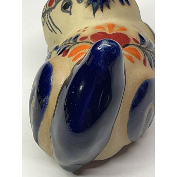 Mexican Tonala Cat Figurine Flower Folk Art Pottery Hand Painted Cancun 4” - Picture 4 of 11